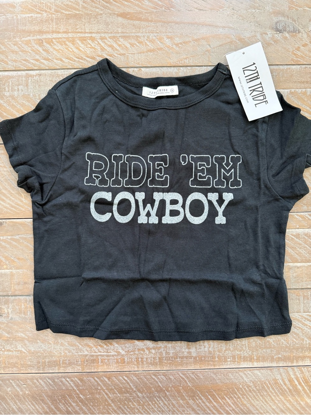 12th Tribe Ride 'Em Cowboy Black Western Graphic Crop T-Shirt Women's S NEW